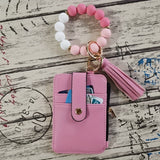 Single Retro Round Silicone Beaded Wristlet Keychain with PU Leather Wallet Card Holder, Ring Buckle, Tassel, and Phone Lanyard - Perfect Couple Keychain for Valentines Day Gift - Plant Theme, Tool, and Bag Charm Included