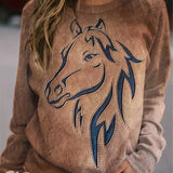 Horse Head Print Pullover Sweatshirt, Casual Long Sleeve Crew Neck Sweatshirt For Fall & Winter, Women's Clothing