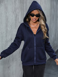 Solid Zipper Hooded Jacket, Versatile Drawstring Kangaroo Pocket Outwear For Fall & Winter, Women's Clothing