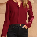 Solid V Neck Blouse, Casual Long Sleeve Simple Blouse, Women's Clothing