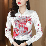 Printed Women Designer Lapel Shirts Silk Black Long Sleeve Elegant Fit Shirt Office Ladies Button Front Casual Satin Blouses Spring Fall Chic Slim Runway Tops