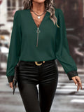 Solid Half Zip Blouse, Elegant Long Sleeve Blouse, Women's Clothing