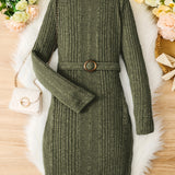 Teen Girls Rib Knitted Warm Bodycon Sweater Dress With Belt