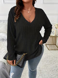 Plus Size Casual T-shirt, Women's Plus Ribbed Solid Long Sleeve V Neck Slight Stretch Top