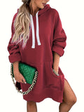 Solid Kangaroo Pocket Long Length Hoodie, Casual Long Sleeve Drawstring Hoodies Sweatshirt, Women's Clothing