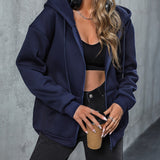 Solid Zipper Hooded Jacket, Versatile Drawstring Kangaroo Pocket Outwear For Fall & Winter, Women's Clothing