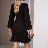 deanwangkt-1  Solid Crew Neck Dress, Elegant Long Sleeve Ruffle Hem Dress, Women's Clothing