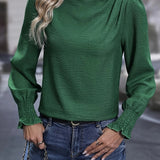 Mock Neck Pleated Simple Blouse, Versatile Long Sleeve Blouse For Spring & Fall, Women's Clothing