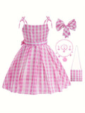 Knee-High Pink Plaid Girls Dress with Belt, Headwear, Backpack, and Jewelry - Cute Slingback Design, Non-Stretch Polyester Fabric, Flared Hem, Woven, Spring/Summer Wear