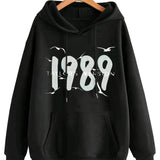 Number 1989 Graphic Fleece Lined Casual Sports Hoodie,Long Sleeve Drawstring Pullover Pocket Front Hooded Sweatshirt,Women's Sporty Sweatshirts