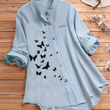 Plus Size Casual Shirt, Women's Plus Butterfly Print Roll Up Sleeve Stand Collar Button Up Blouse