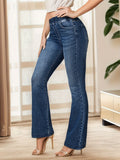 Elastic Waist Washed Bootcut Jeans, High Stretch High Waist Casual Denim Pants, Women's Denim Jeans & Clothing