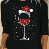 Plus Size Christmas T-shirt, Women's Plus Christmas Hat Wine Glass Print Long Sleeve Round Neck Medium Stretch T-shirt