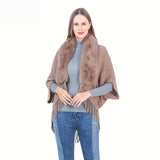 Large Fur Collar Cape Shawl Monochrome Striped Knitted Tassel Cardigan Outside Wear Warm Thick Shawl