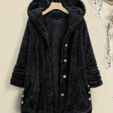 Solid Color Mid-Length Thicken Warm Blend Coat, Casual Button Front Long Sleeve Outerwear, Women's Clothing