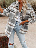 Stylish Plaid Button Down Long Sleeve Jacket, Loose Lapel Plaid Jacket, Women's Clothing