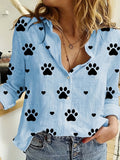 Paw Print Button Front Shirt, Casual Long Sleeve Shirt For Spring & Fall, Women's Clothing