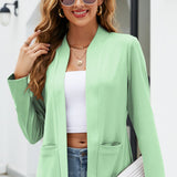 Solid Open Front Blazer, Casual Long Sleeve Pocket Blazer, Women's Clothing