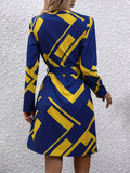 Geo Print Notched Neck Dress, Elegant Long Sleeve Above Knee Dress, Women's Clothing