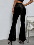 Solid Velvet Flare Leg Pants, Casual Elastic Slim Pants For Spring & Fall, Women's Clothing