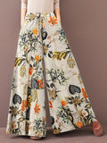 Plus Size Elegant Pants, Women's Plus Floral Print Drawstring Elastic Wide Leg Pants