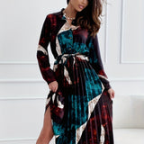 Pleated Abstract Print Dress, Casual Button Front Long Sleeve Dress, Women's Clothing