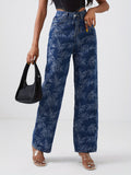 Leaf Print Chic Straight Jeans, Loose Fit Non-Stretch High Waist Denim Pants, Women's Denim Jeans & Clothing