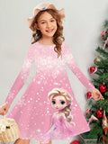 Girls' Long Sleeve Christmas Dress, 3D Princess Print, Knit Fabric, Polyester, Regular Fit, Casual Style, Autumn/Winter, Stretchy, Cartoon Pattern, Kids Fashion