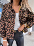 Leopard Print Denim Coats, Raw Hem Long Sleeve Flap Pockets Over Sized Button Closure Denim Jacket, Women's Denim Jacket & Clothing