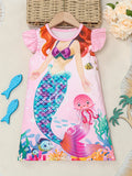 Girls Cartoon Mermaid Graphic Flutter Trim Crew Neck Knitted T-shirt Dress for Summer Party - Soft Slight Stretch Fabric, Machine Washable, Regular Fit, Portrait Pattern, Casual Style