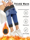 Fleece Liner Slimming Skinny Jeans, Slant Pockets Mid-Stretch Whiskering Tight Jeans, Women's Denim Jeans & Clothing