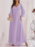 Solid Contrast Lace Dress, Elegant V Neck Long Sleeve Maxi Dress, Women's Clothing