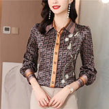 Printed Women Designer Lapel Shirts Silk Black Long Sleeve Elegant Fit Shirt Office Ladies Button Front Casual Satin Blouses Spring Fall Chic Slim Runway Tops