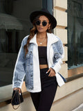 White & Blue Panel Denim Jackets, Furry Drop Shoulder Casual Fluffy Denim Coats, Women's Denim Clothing