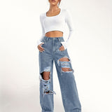 Ripped Straight Leg Loose Fit Jeans, High Rise Wide Legs Distressed Denim Pants, Women's Denim Jeans & Clothing