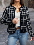 Plaid Open Front Jacket, Casual Contrast Trim Jacket For Spring & Fall, Women's Clothing