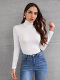 Solid Turtleneck Skinny T-Shirt, Versatile Long Sleeve T-Shirt For Spring & Fall, Women's Clothing