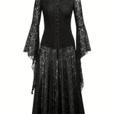 Women's Gothic Corset Waist Hoodie Lace Dress with Flare Sleeves and Lapel - Perfect for Halloween and Cosplay