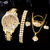 7pcs/set Women's Watch Luxury Rhinestone Quartz Watch Hiphop Fashion Analog Wrist Watch & Jewelry Set, Gift For Mom Her