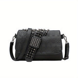 Rivet Skull Decor Metal Chain Crossbody Bag, PU Leather Textured Bag Purse, Cool Girl Punk Fashion Shoulder Bag