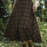 deanwangkt-1 Plaid Print Flared Skirt, Vintage Drawstring Waist Midi Skirt For Spring & Fall, Women's Clothing
