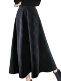 deanwangkt-1 Plaid Print High Waist Tweed Skirt, Elegant Warm Flared Midi Skirt For Fall & Winter, Women's Clothing