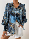 Plus Size elegant Blouse, Women's Plus Marble Print Lantern Sleeve Button Up Lapel Collar Shirt Top