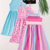 3pcs Chic Girls' Cami Dress Set - Leopard & Stripes, Soft Stretch Fabric, Sleeveless Summer Outfits for Holidays & Parties