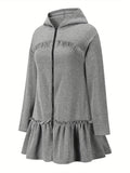 Flared Ruffle Trim Hoodies, Casual Zip Up Long Sleeve Solid Sweatshirt, Women's Clothing