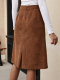 Solid High Waist Slim Corduroy Skirt, Casual Split Midi Skirt With Pocket, Women's Clothing