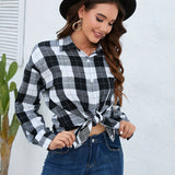 Plaid Pattern Button Down Shirt, Casual Long Sleeve Lapel Shirt, Women's Clothing