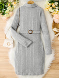 Teen Girls Rib Knitted Warm Bodycon Sweater Dress With Belt