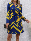 Geo Print Notched Neck Dress, Elegant Long Sleeve Above Knee Dress, Women's Clothing