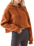 Solid Crop Drawstring Hoodie, Casual Long Sleeve Loose Sweatshirt, Women's Clothing